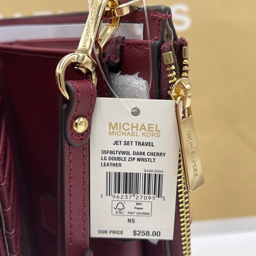 MICHAEL KORS Jet Set Travel LG Double Zip Wristlet Wallet Leather Dark Cherry - Picture 9 of 16